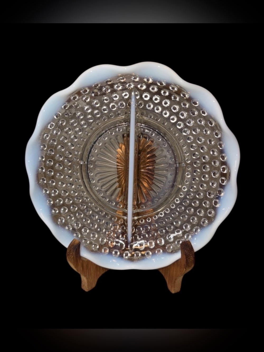 Anchor Hocking Round Divided Dish Moonstone Opalescent Hobnail Vintage